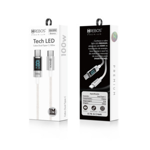 CABO HREBOS TECH LED PREMIUM COM VISOR DE POTENCIA - TYPE-C X LIGHTNING (IPHONE) - BRANCO - CB-371I